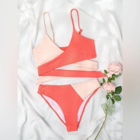 Shein Women's Swimsuits Cross Wrap Tie Back Bikini Top Color Block size Large - Picture 6 of 9